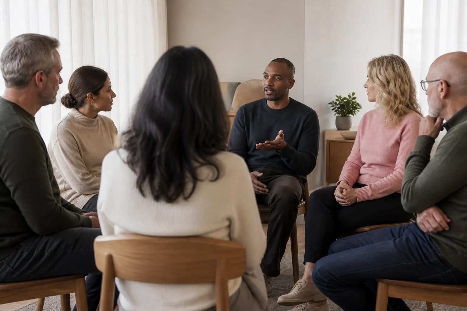 Des adultes échangent dans un groupe de parole pour les Survivant(e)s