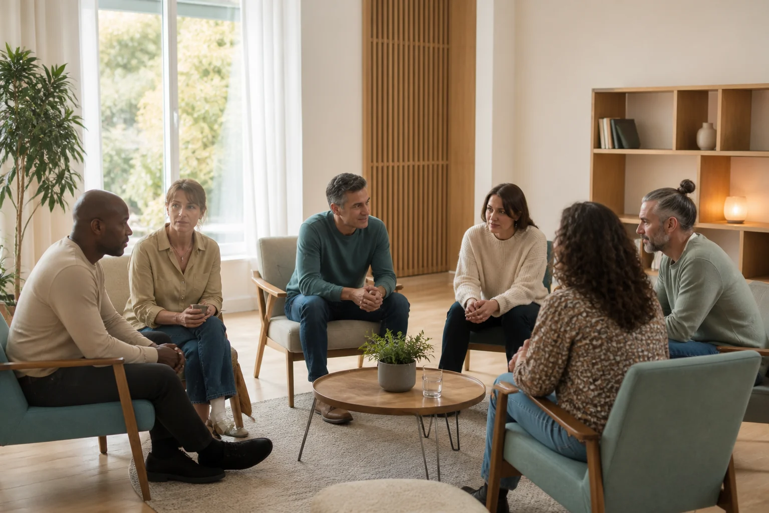 Un groupe d’adultes s’installe dans un espace de parole lumineux